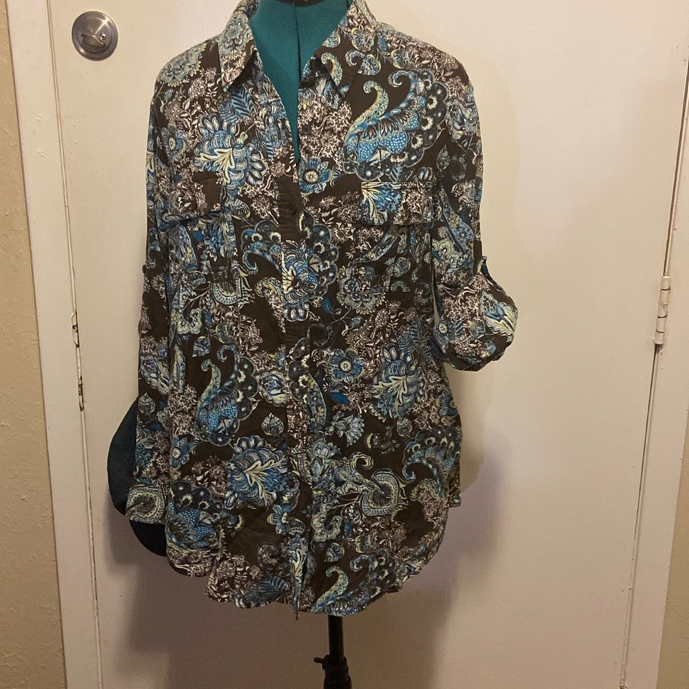 JONESWEAR SPORT XL Long Sleeved Thin Blouse w/Rolled Sleeves front pockets